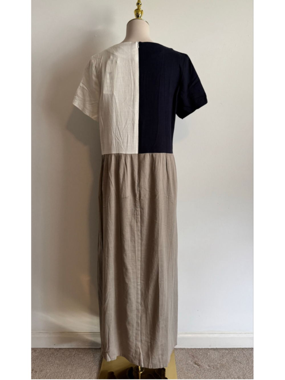 Women's Yidarton Midi Dress Size L Beige Black Colorblock
